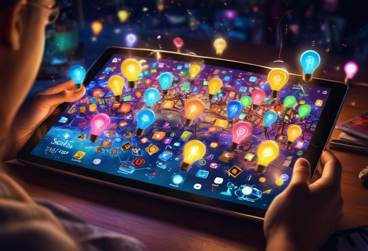 A sprawling digital landscape filled with colorful blog icons and keys unlocking treasure chests represent secrets. A diverse group of enthusiastic bloggers, gathered around a vibrant tablet displaying engaging content strategies, surrounded by floating lightbulbs symbolizing creativity and ideas. The background features scrolling text of tips and strategies in a vivid, eye-catching style. super-realistic. vibrant colors. 3D.