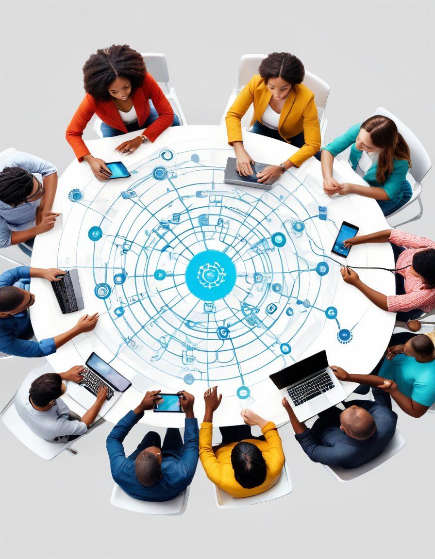A diverse group of people engaging around a digital table, sharing ideas on laptops and tablets with vibrant graphics of interconnected networks floating above. Incorporate symbols of innovation like light bulbs and gears in the background, representing creativity in blogging. The atmosphere should feel welcoming and dynamic, showcasing collaboration across different cultures. super-realistic. vibrant colors. white background.