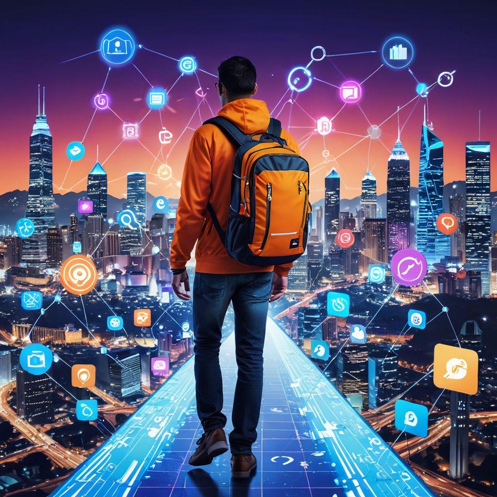 A detailed illustration of a person navigating a digital landscape filled with social media icons, SEO graphs, and blog analytics dashboards. They are holding a compass labeled 'Optimizations' and wearing a backpack filled with tools like keywords and content strategies. The background features a vibrant city skyline symbolizing the digital world, with glowing elements representing maximum reach. super-realistic. vibrant colors. digital art.